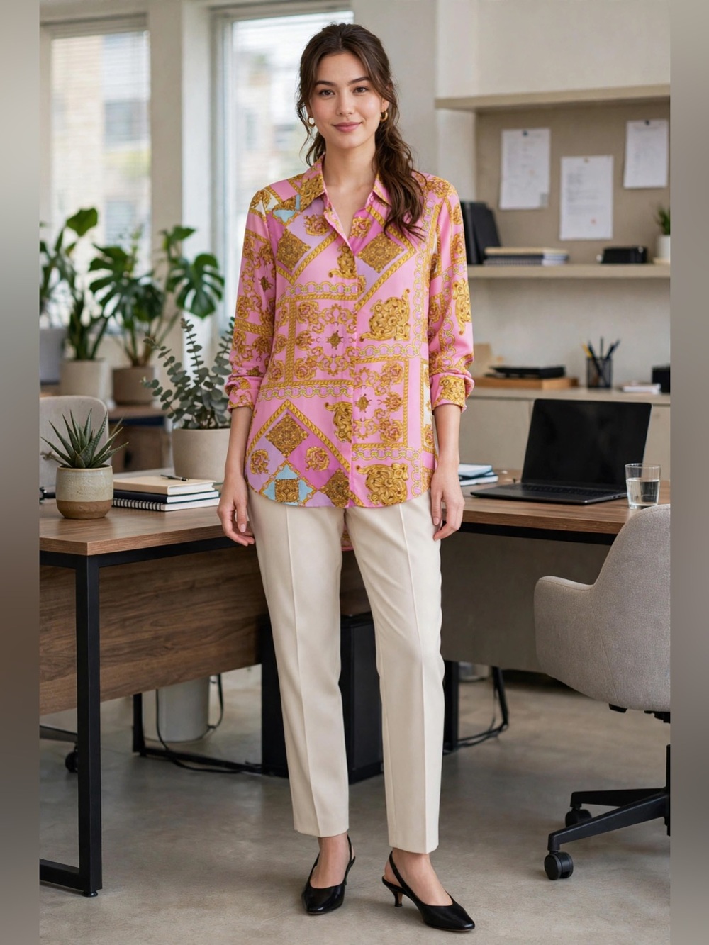 Timing Pink & Gold Medallion-Print Button-Down Blouse